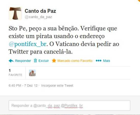 conta @pontifex_br do twitter cancelada pelo santo padre a pedido do canto da paz