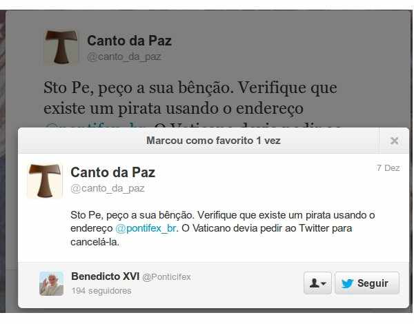 conta @pontifex_br do twitter cancelada pelo santo padre a pedido do canto da paz